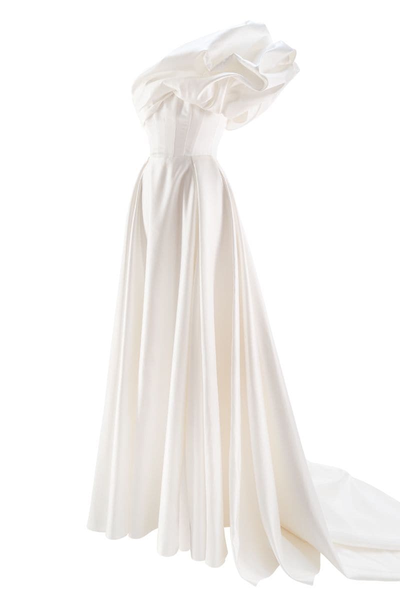 Monetre Cult Mia X Monettre asymmetric flounce full gown skirt with flowing fabric and elegant design, showcased on a model.