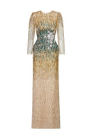 HACCHIC COUTURE ombre crystal 3D flower gown featuring intricate floral details and elegant flowing fabric.