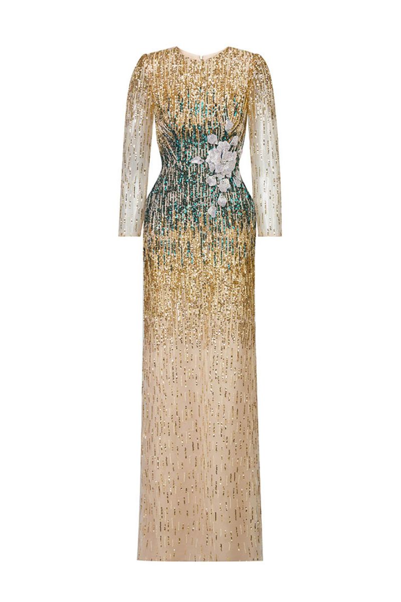 HACCHIC COUTURE ombre crystal 3D flower gown featuring intricate floral details and elegant flowing fabric.