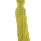 Le Thanh Hoa lime draped gown with flowing fabric and elegant design, perfect for formal occasions and evening wear.