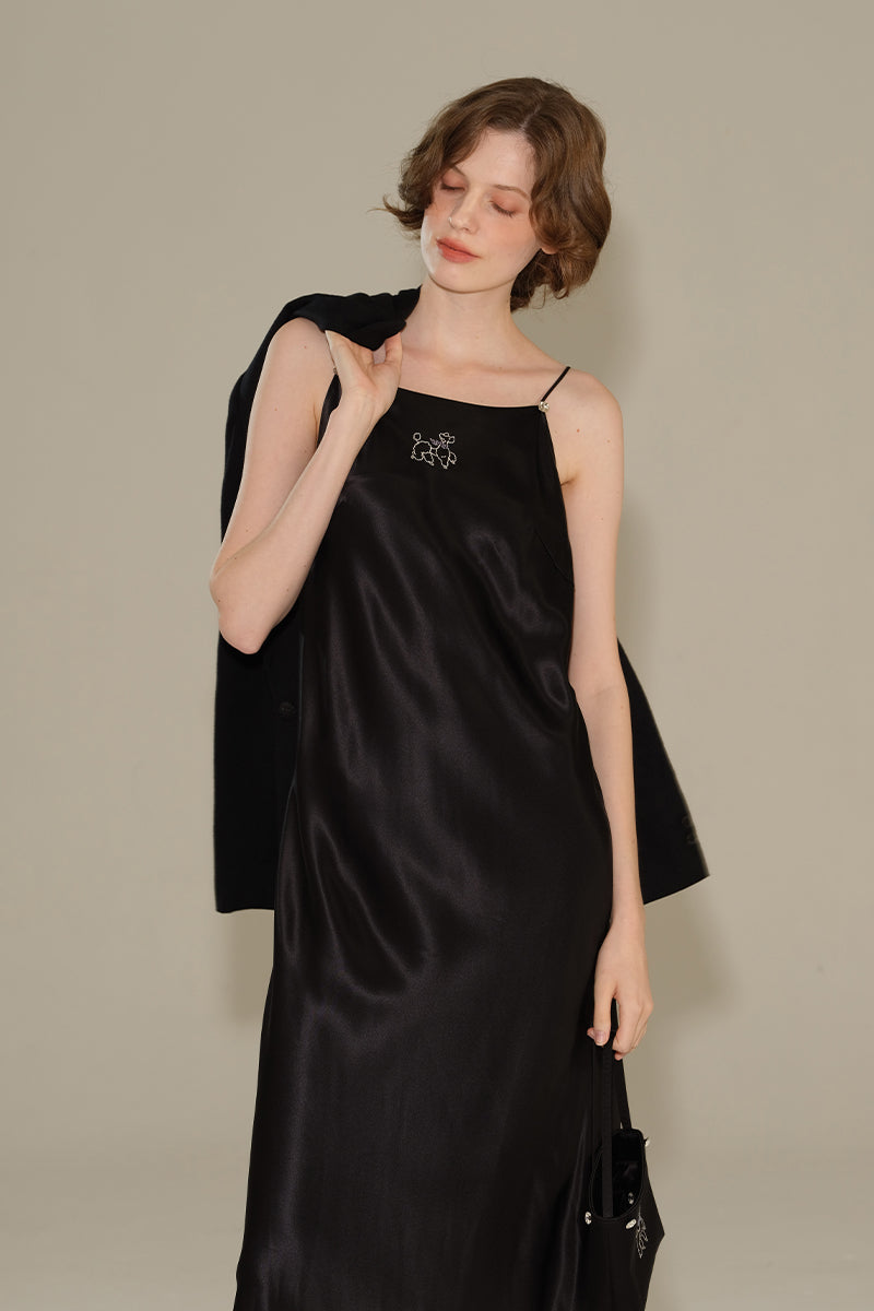 DIAMOND POODLES BLACK SILK SLIP DRESS - CULT MIA