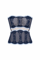 Ellipse Lingerie navy Aura Corset top featuring lace details and a fitted design, displayed on a mannequin.