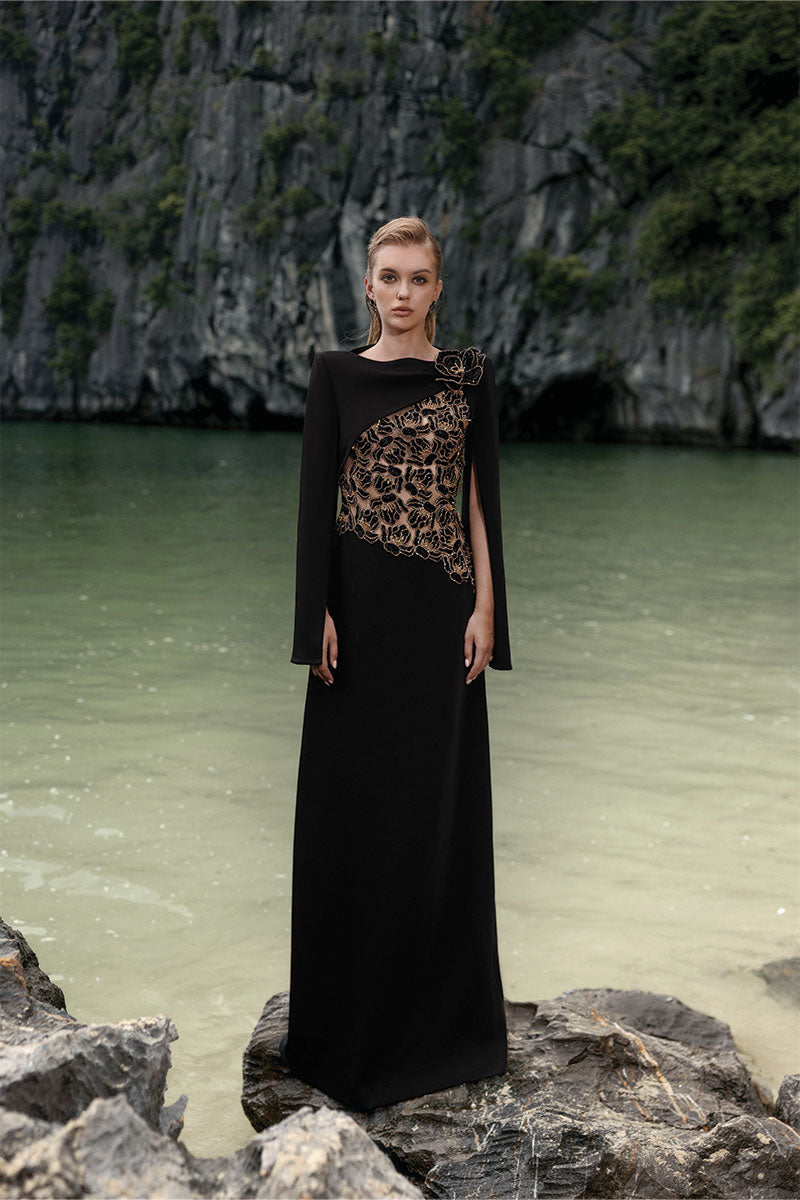 VELVET SATIN BOAT NECK DRESS IN BLACK - CULT MIA