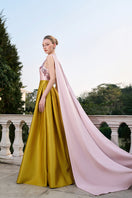 Pink and yellow bamboo taffeta gown from Tracy Studio featuring a flowing design and elegant fabric for formal occasions.