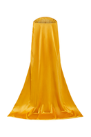 Elegant Tracy Studio curved draped off-shoulder gown with long sleeve cape, showcasing flowing fabric and sophisticated design.