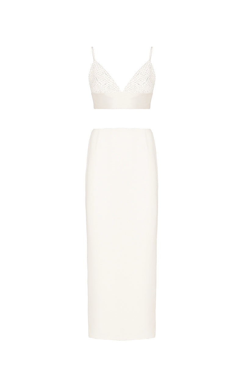 Ivory Crystal Maxi Co-ords set by Monika Dimova featuring a flowing maxi skirt and matching top with crystal embellishments.