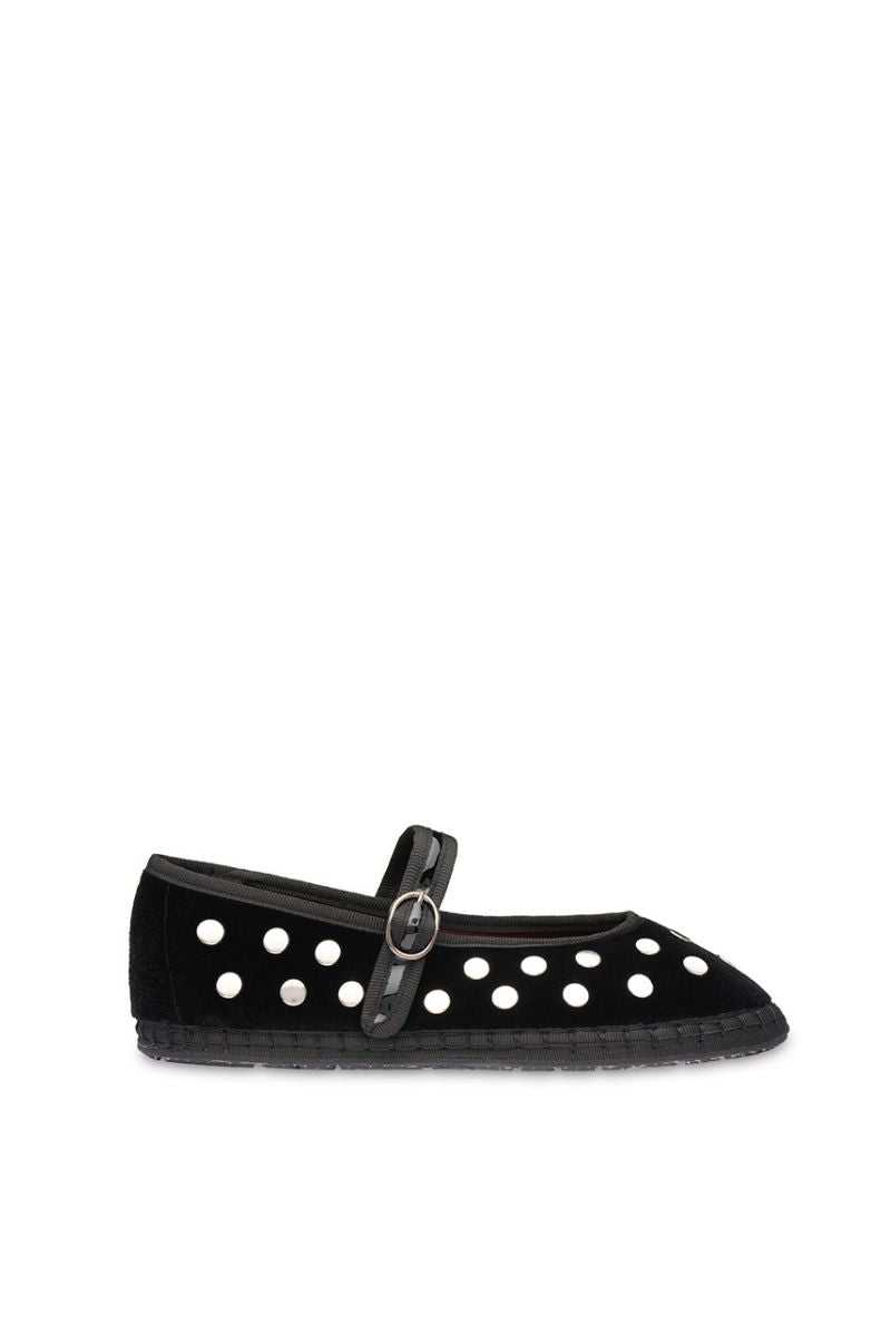 Flabelus Mae flat shoes in silver and black with a sleek, minimalist design showcasing smooth material and flat sole.