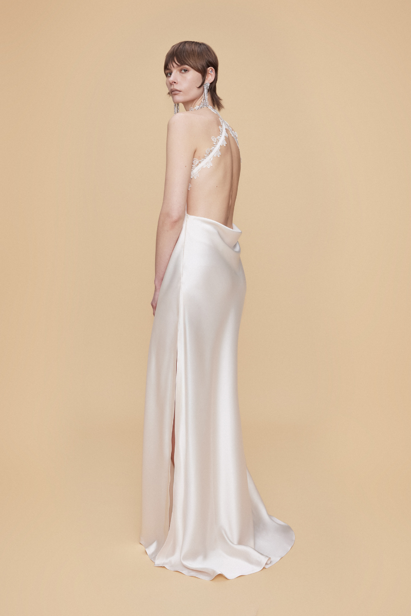 HALTER NECK MAXI SATIN DRESS WITH LACE TRIMMINGS IN ECRU - CULT MIA