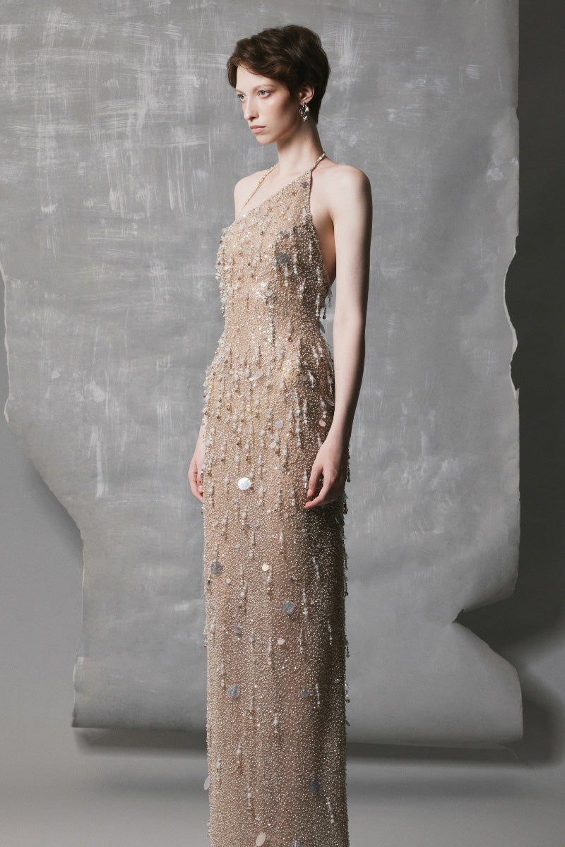 ONE-SHOULDER DRESS WITH SHEER MESH IN GOLD | CULT MIA | Phan Huy ONE-SHOULDER DRESS WITH SHEER MESH IN GOLD | CULT MIA | Phan Huy
