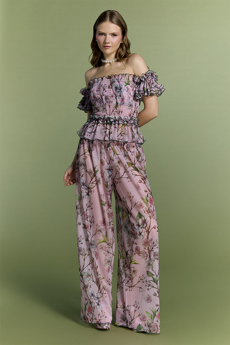 Nur Karaata Tropic Allure Co-ord Set featuring a stylish matching top and pants in vibrant tropical print.