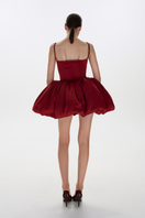 BalYKINA Charlotte Burgundy Mini Dress displayed on a mannequin, showcasing its elegant fit and rich color.