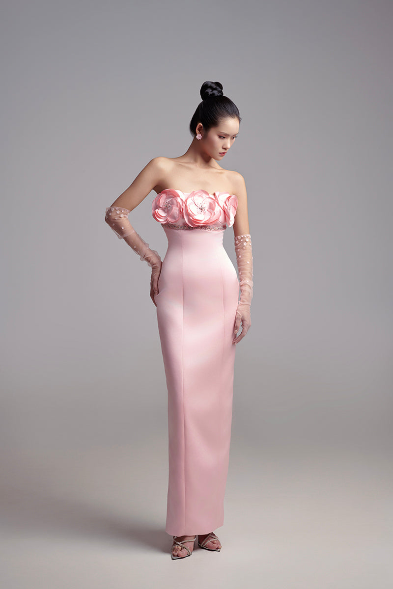 STRAPLESS PETAL MAXI DRESS WITH GLOVES