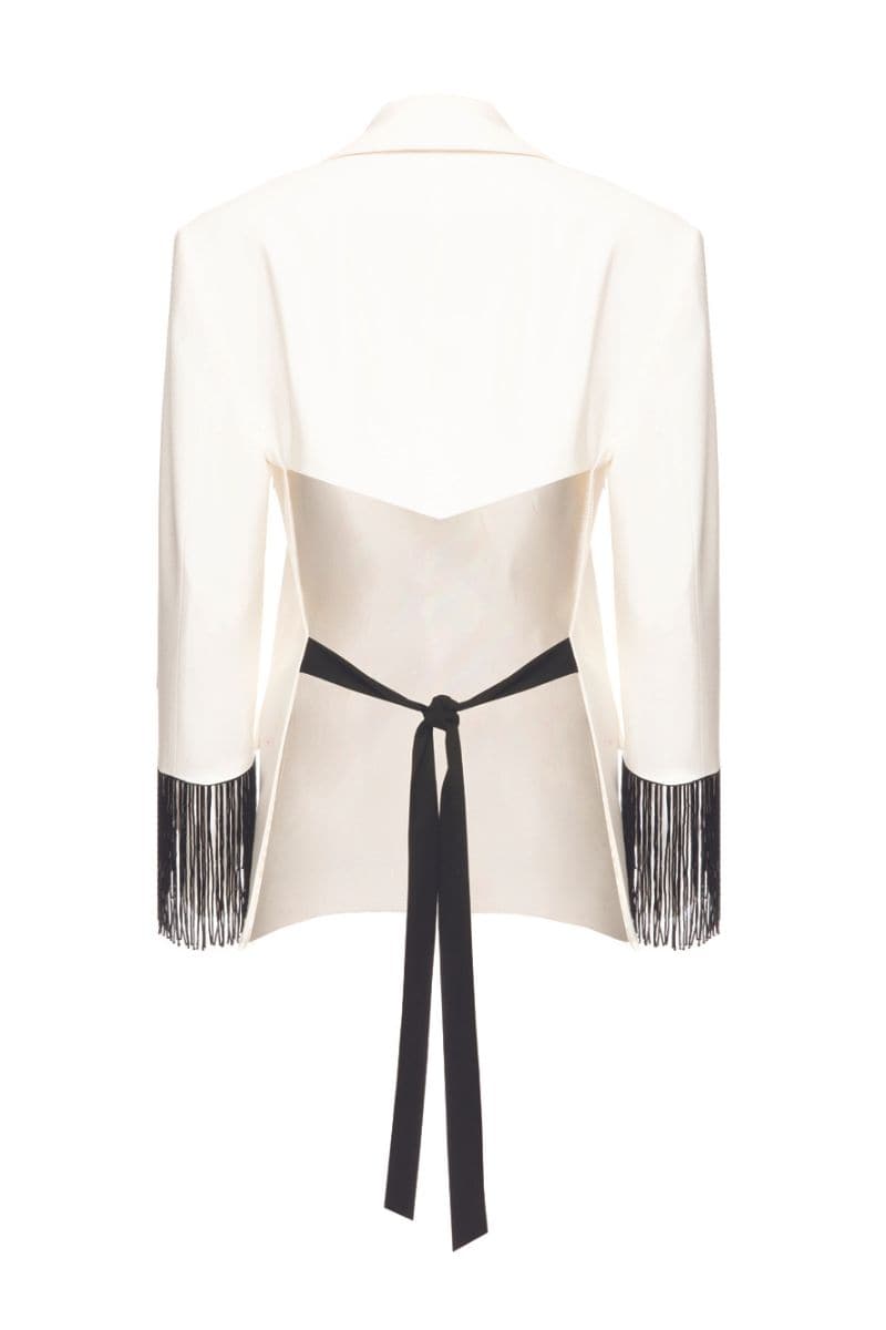 Vaska white blazer with beaded fringe detailing, tailored fit, and stylish design perfect for elegant occasions.