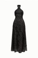 Black lace gown from 21Six's Alisa collection, featuring elegant detailing and a flowing silhouette.