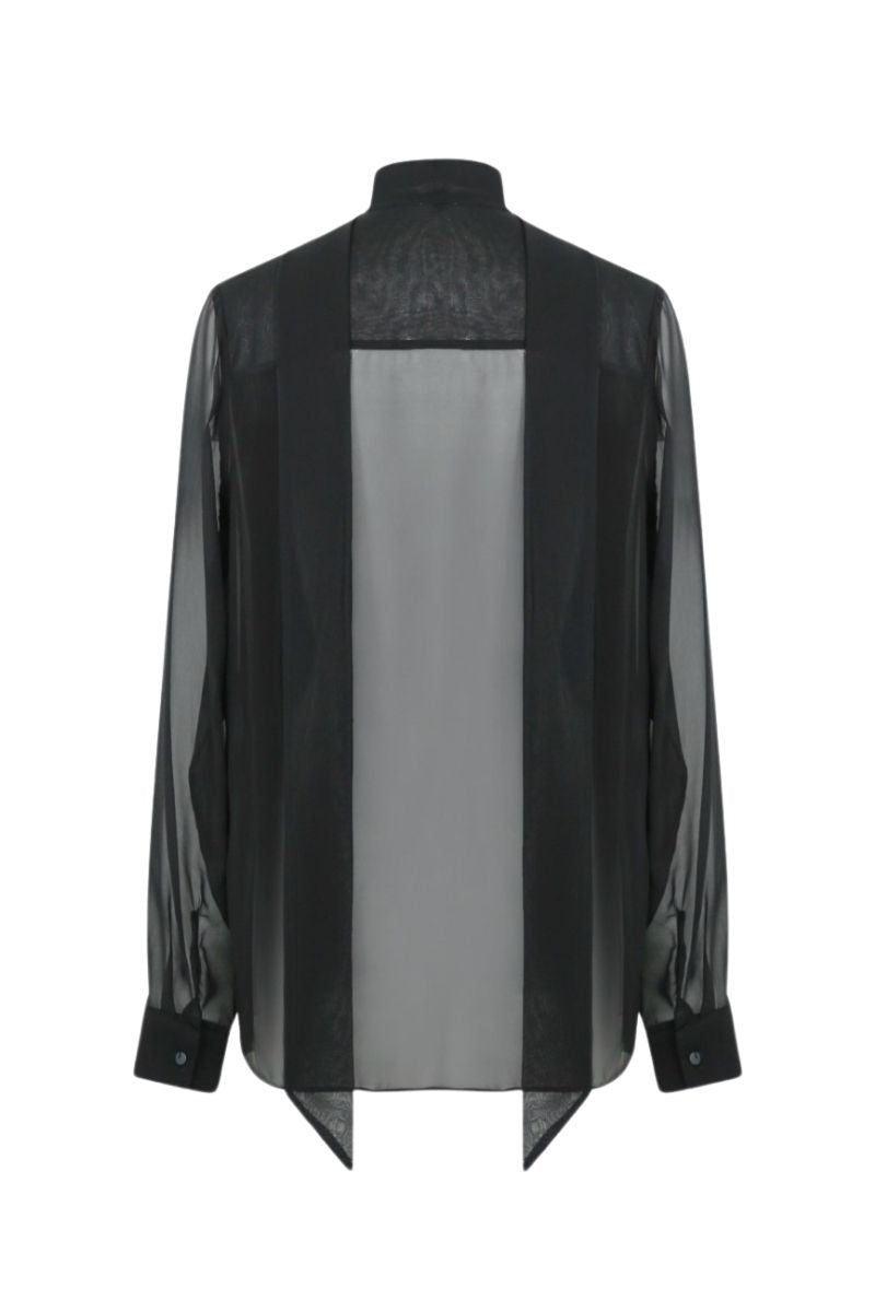 LEKIEU Dixie black silk chiffon shirt with long sleeves and flowy fabric, stylish and elegant for women.
