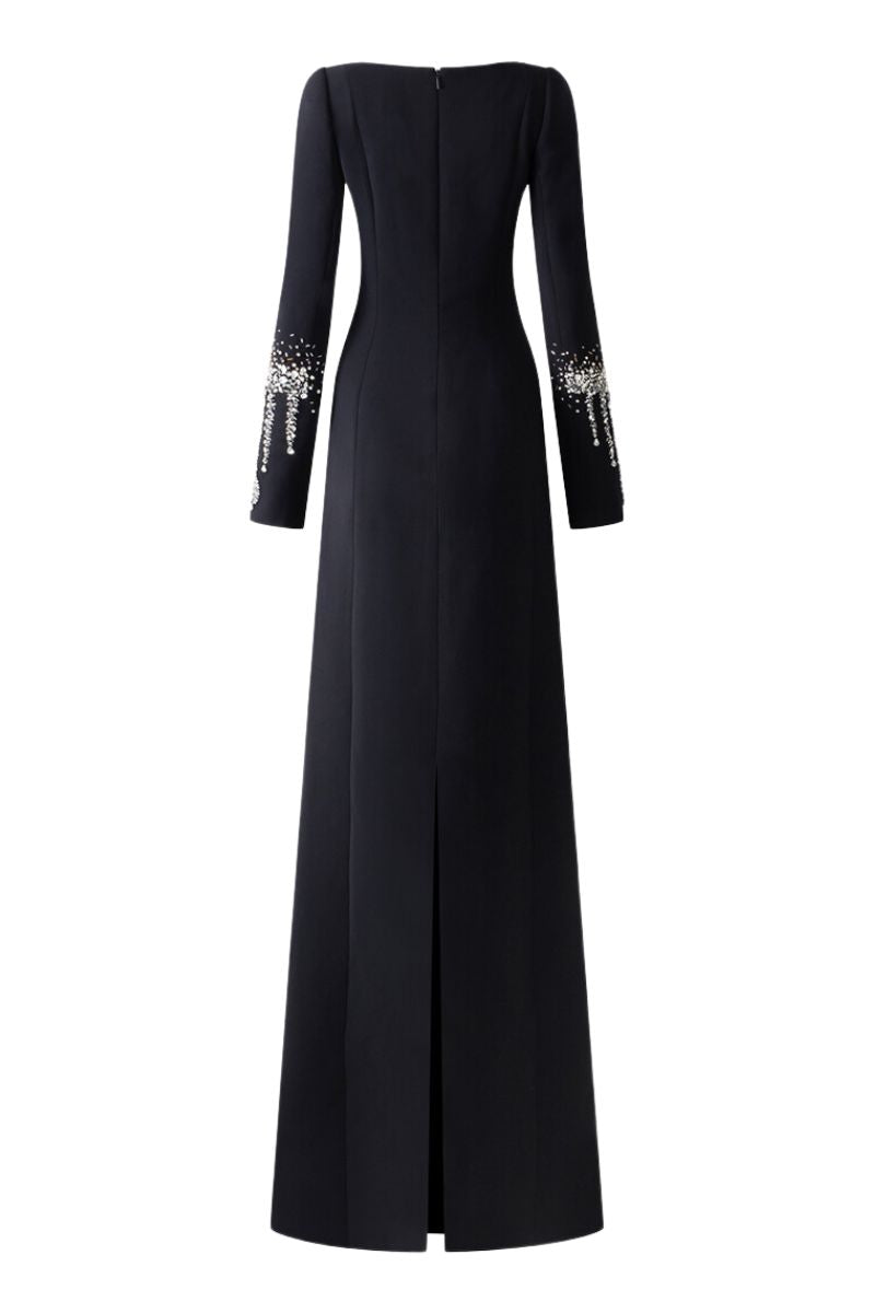 BLACK V-NECK BACK SLIT GOWN - CULT MIA