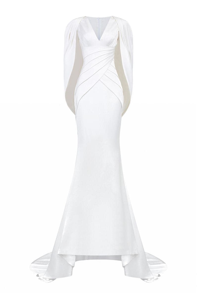 V-NECK MULLET GOWN WITH PLEATED CAPE - CULT MIA