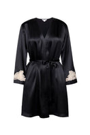 NK IMODE CULT MIA X NK IMODE Morgan black short robe, lightweight and comfortable, shown on a model.