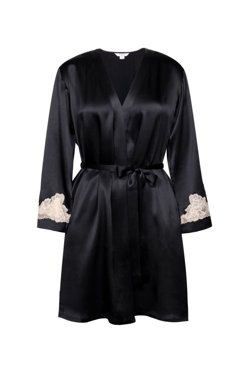 NK IMODE CULT MIA X NK IMODE Morgan black short robe, lightweight and comfortable, shown on a model.