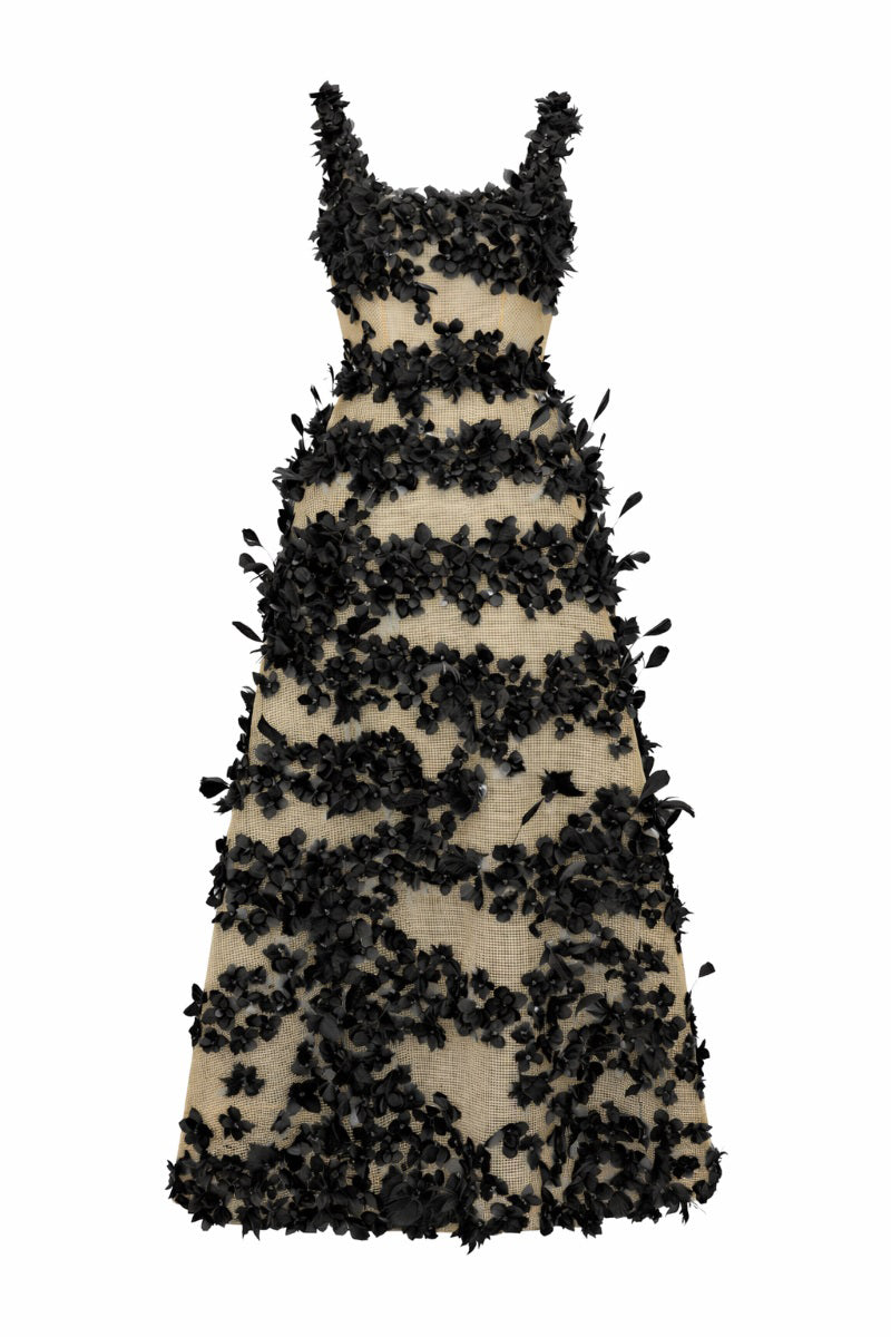 Black Alessia silk taffeta and tulle gown by 21Six, featuring elegant flowing fabric and intricate design details.