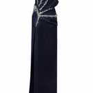 Dark navy Sirena Water Silk Taffeta gown by 21Six, showcasing elegant flowing fabric and tailored design.