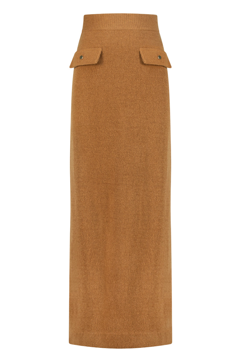 Brown chic knit pencil maxi skirt from Lili Blanc, styled for a sleek and elegant look.