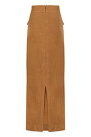 Brown chic knit pencil skirt by Lili Blanc, stylish maxi skirt with a fitted silhouette and textured knit fabric.
