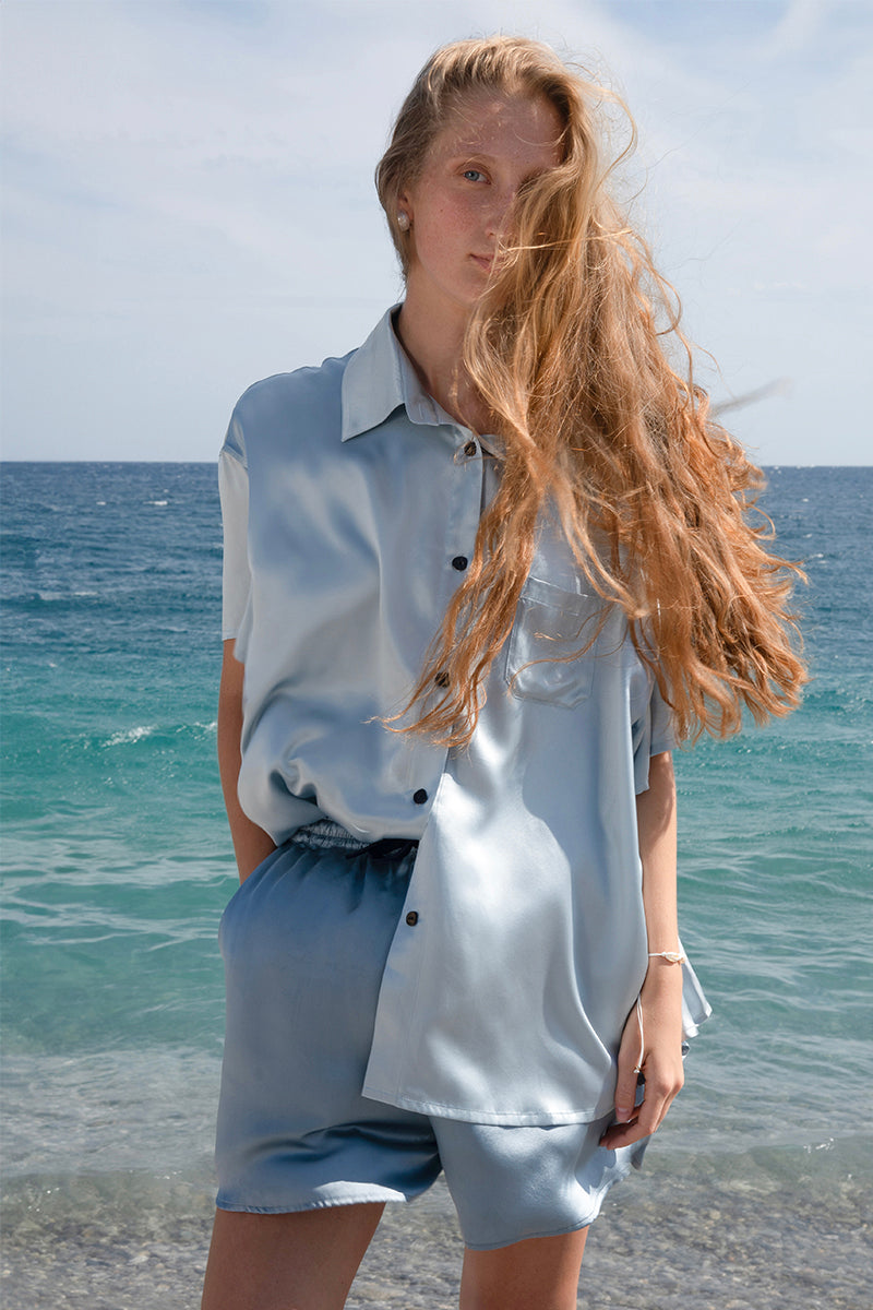 MEMORIES OF NICE MEDITERRANEAN MIST BLUE SILK SHORT SET - CULT MIA