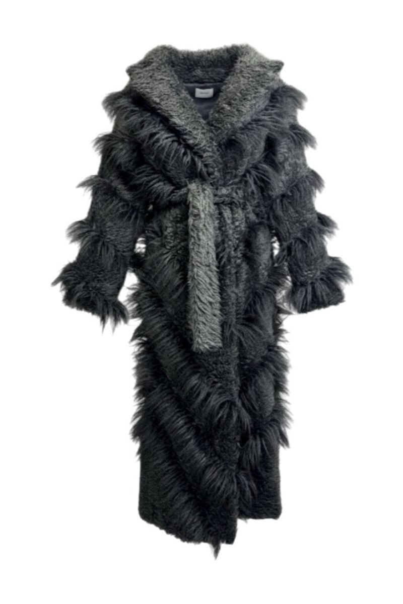 FAUX FUR MAXI COAT WITH DIAGONAL PANELS IN GRAPHITE GRAY