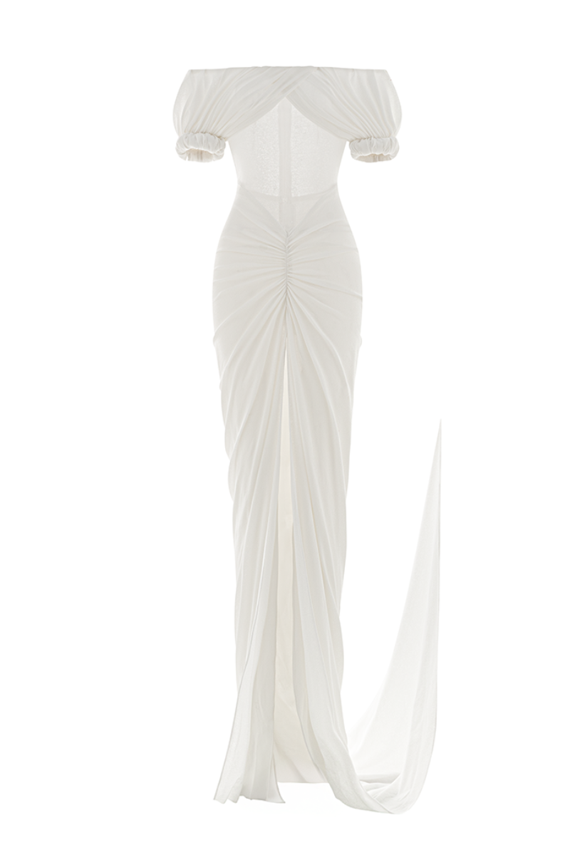 Poem Hemera white maxi dress displayed on a hanger, featuring a flowing fabric and elegant design for summer wear