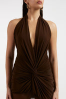 Deme By Gabriella TESS draped brown maxi dress displayed on a hanger with flowing fabric and elegant draping details.