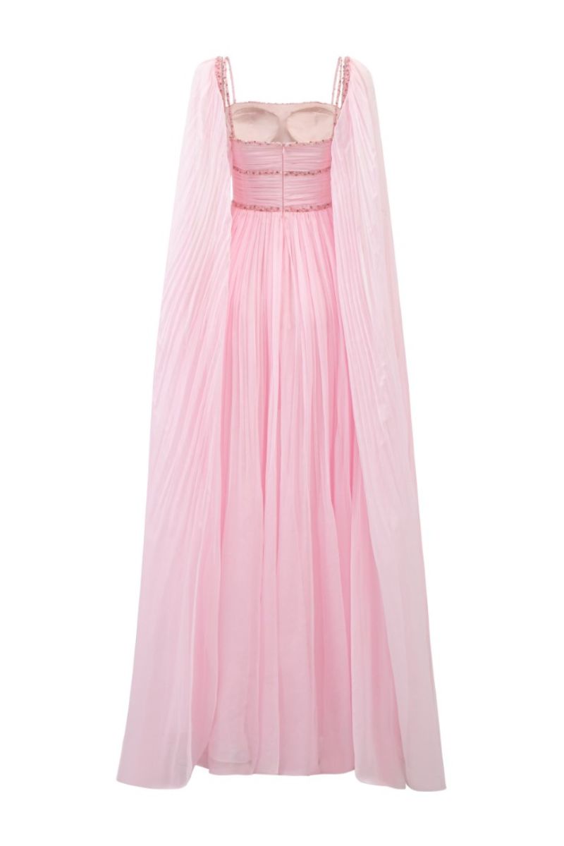 Pink silk pleated gown by 21Six, elegant floor-length dress with flowing pleats and a sophisticated silhouette.