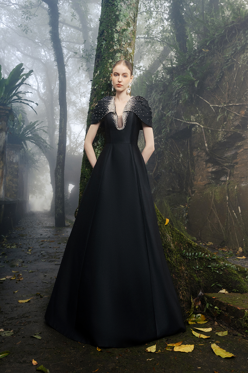 GATHERED CAPE SHOULDER A-LINE DRESS - CULT MIA