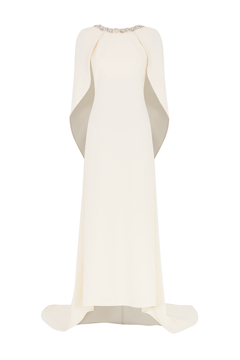 COWL BACK GOWN WITH CAPE SLEEVE