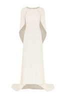 Valenciani gown with cowl back and cape sleeves, elegant formal evening dress featuring a flowing silhouette and sophisticated design.