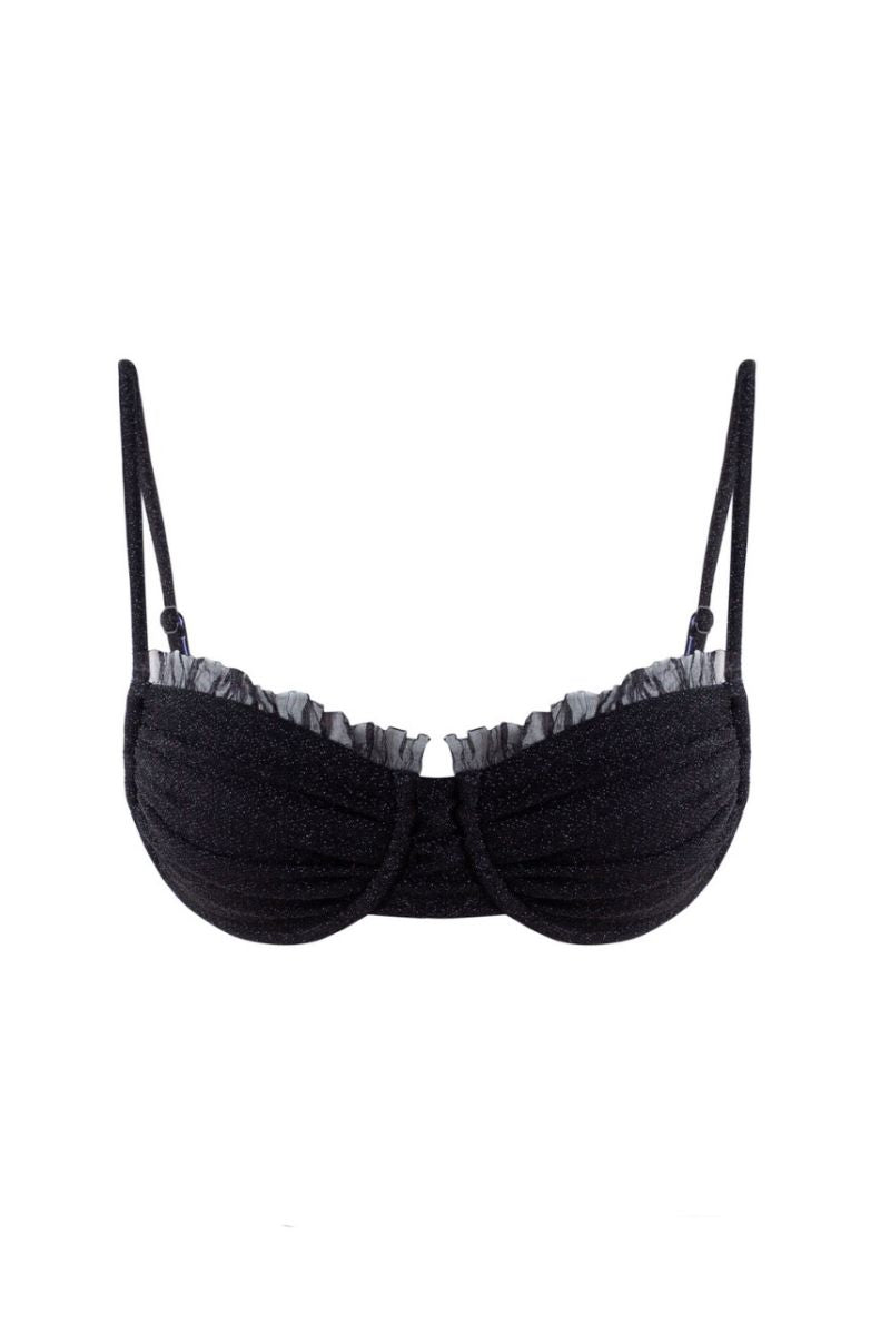 Suncillo Gina sparkly black bikini top with shimmering fabric and adjustable straps, designed for stylish swimwear.