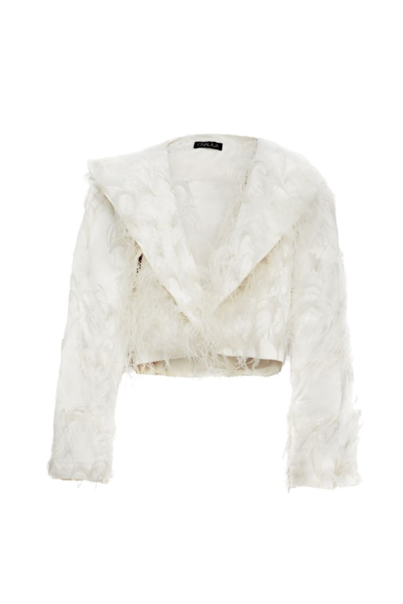 White feather jacket by Onalaja, stylish lightweight outerwear with a smooth, feathered texture perfect for fashion-forward looks.