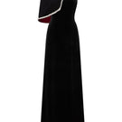Valenciani black gown with gem-embellished trim cape dress, elegant formal evening wear, detailed close-up of the luxurious fabric and embellishments.
