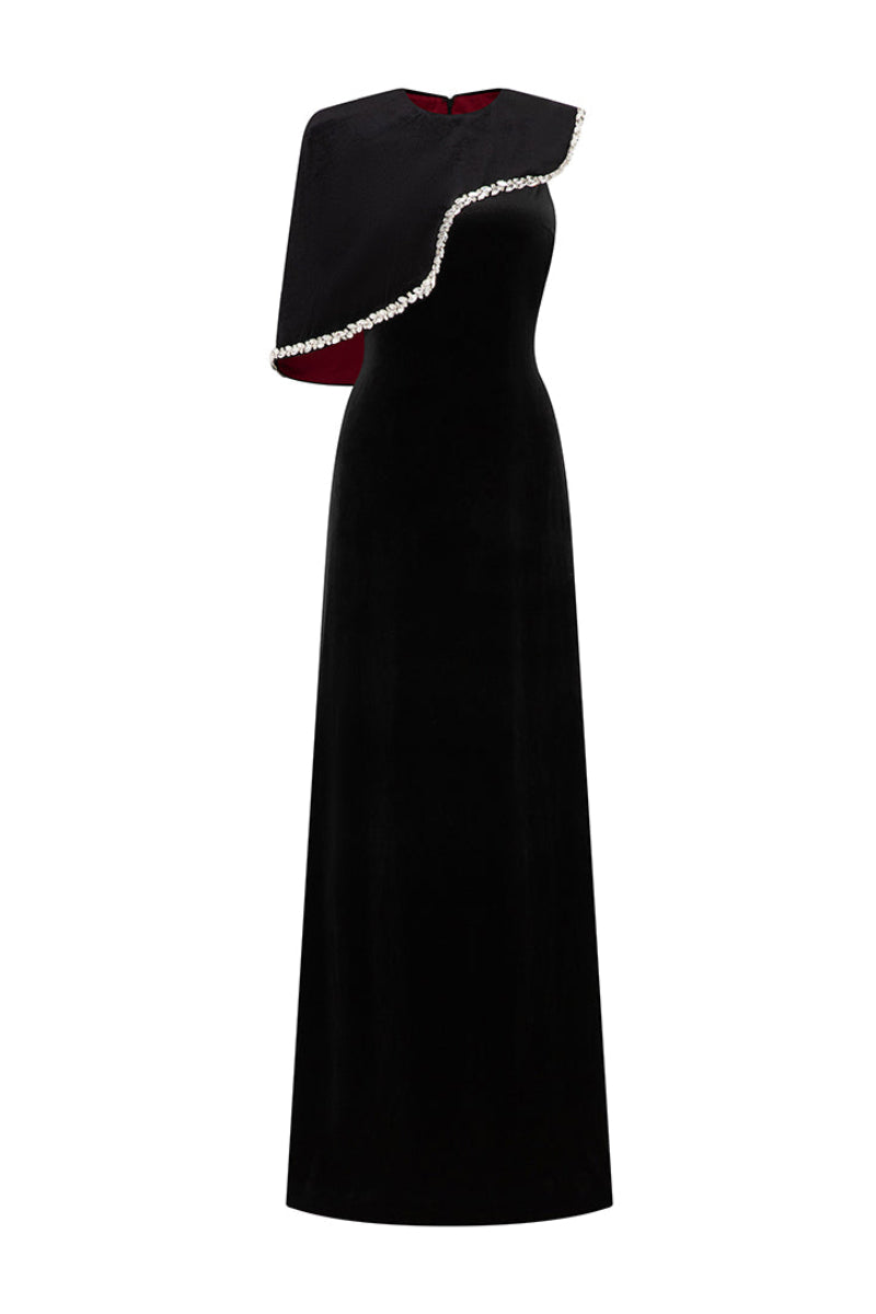 Valenciani black gown with gem-embellished trim cape dress, elegant evening wear with intricate beadwork and flowing fabric.