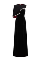 Valenciani black gown with gem-embellished trim cape dress, elegant formal evening wear, detailed close-up of the luxurious fabric and embellishments.