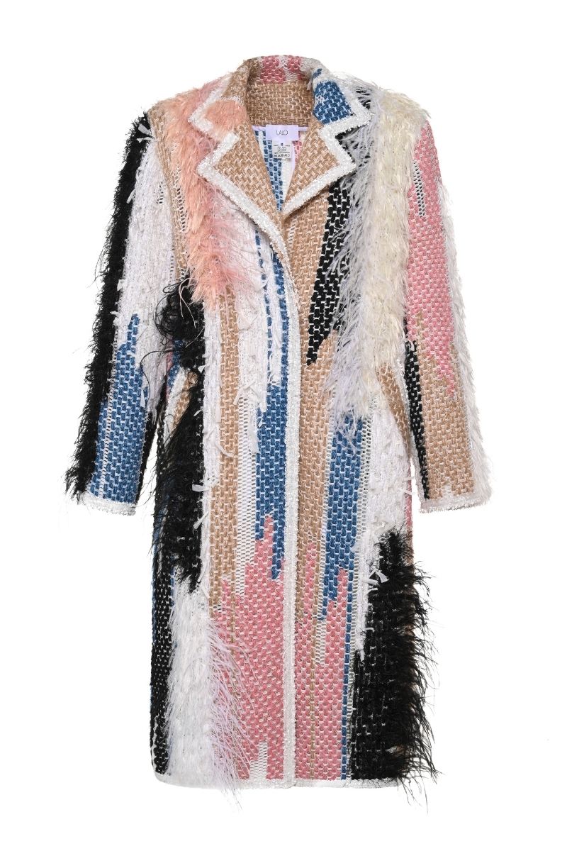 Lalo oversized coat with shoulder pads in light multi-colored fabric, stylish and comfortable for fashion-forward outerwear.