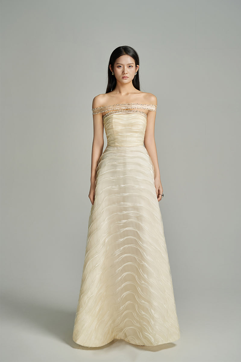 CULT MIA X HAPPY CLOTHING LIGHT OFF-SHOULDER ORGANZA MAXI DRESS IN BEIGE CULT MIA X HAPPY CLOTHING LIGHT OFF-SHOULDER ORGANZA MAXI DRESS IN BEIGE