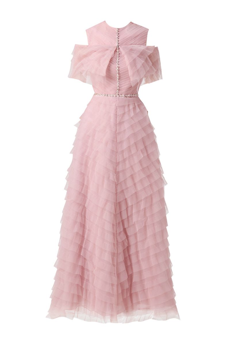 PINK LAYERED COLD SHOULDER SLEEVED ORGANZA MIDI DRESS - CULT MIA