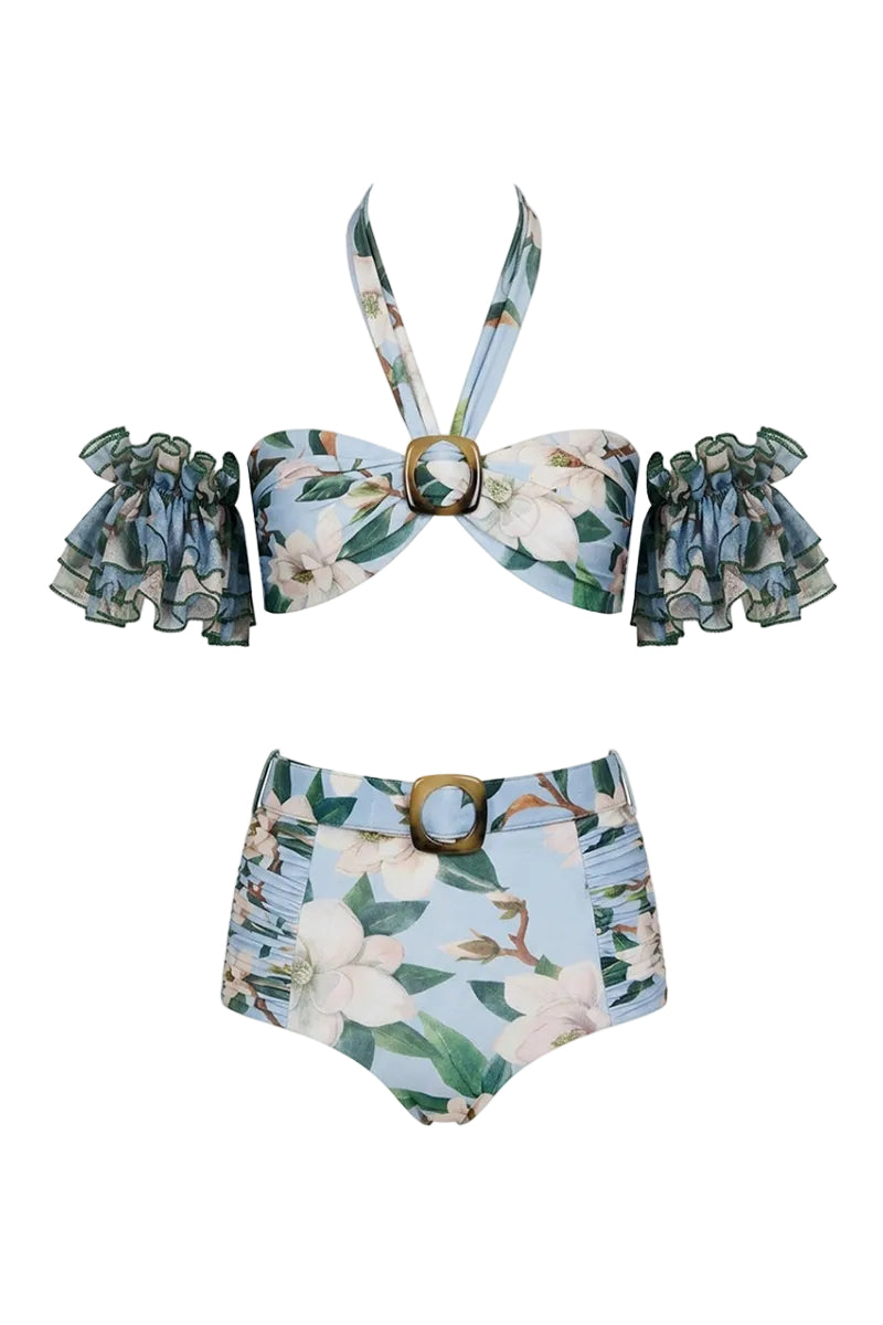 Nur Karaata Coconut Coastline bikini top with tropical coconut print and adjustable straps, designed for stylish beachwear.