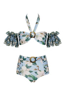 Nur Karaata Coconut Coastline bikini top featuring tropical coconut print on lightweight, stylish swimwear fabric.