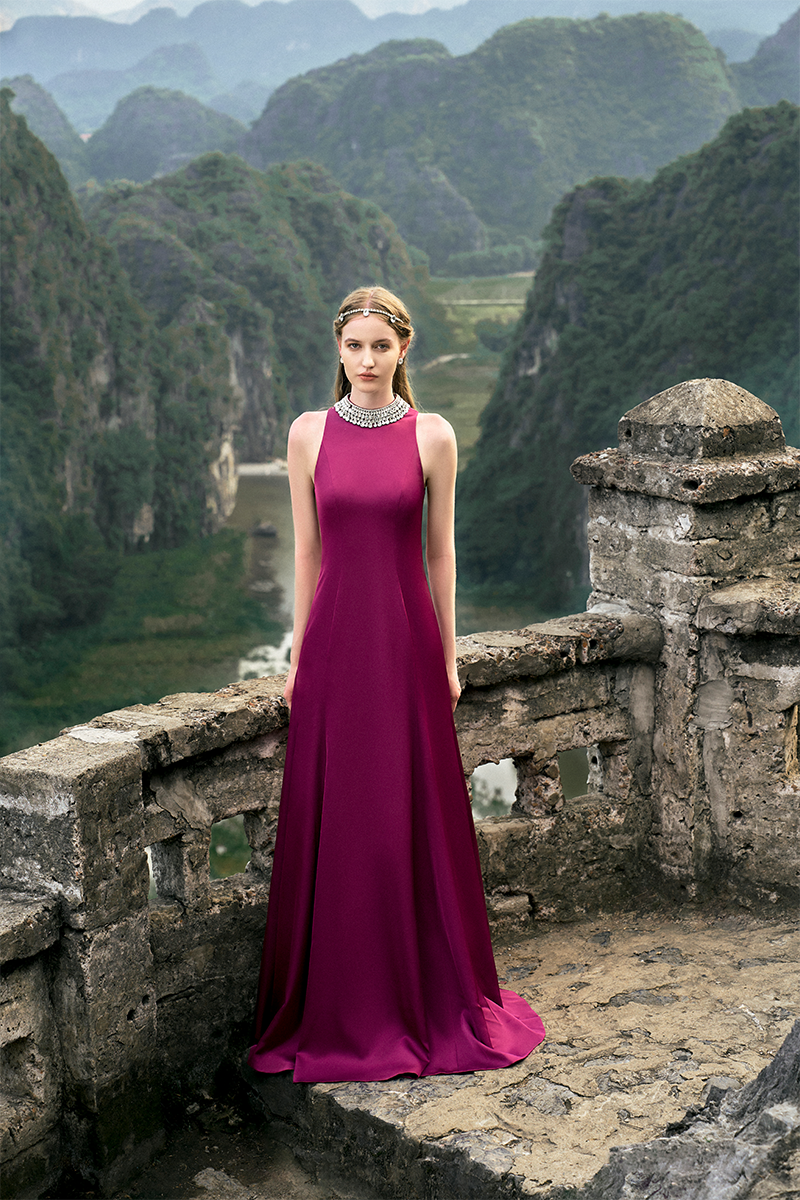 PURPLE PINK SLEEVELESS A-LINE FLARED GOWN