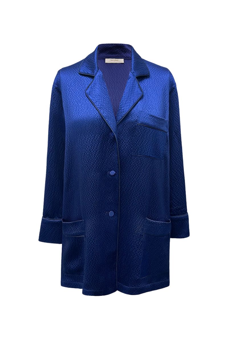 Navy hammered silk pajama top with crystal trim by SemSem, featuring a relaxed fit and elegant design.