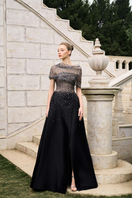 Elegant Crystal Lace and Bamboo Taffeta Gown by Tracy Studio featuring intricate lace details and flowing fabric.