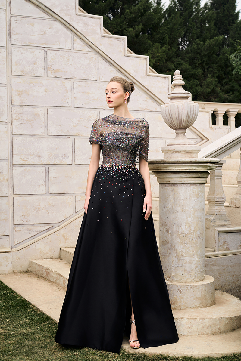 Elegant Crystal Lace and Bamboo Taffeta Gown by Tracy Studio featuring intricate lace details and flowing fabric.