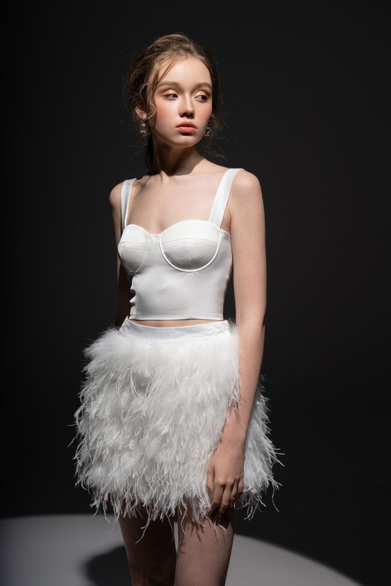 WHITE KIERA TAFFETA FEATHER BLAZER SET - CULT MIA